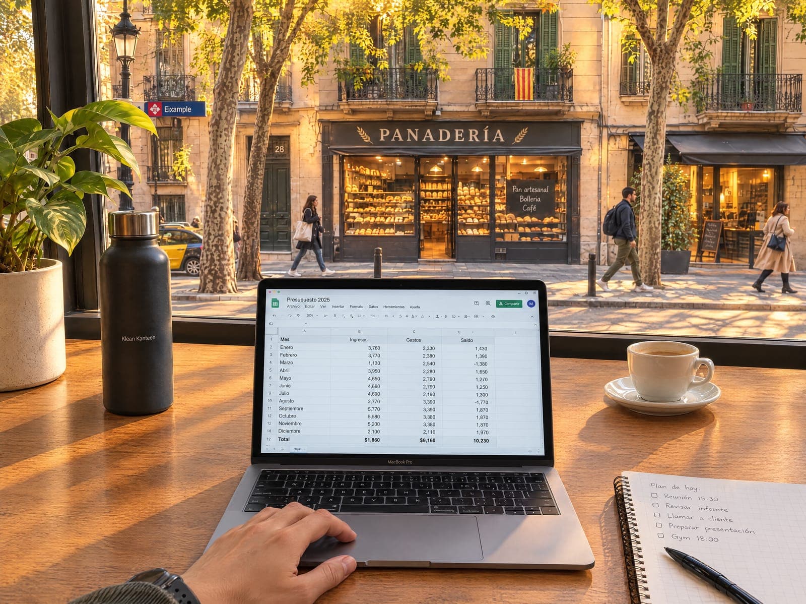 Una mesa junto a una ventana que da a una panadería: la calle, el portátil y la libreta se ven nítidos
